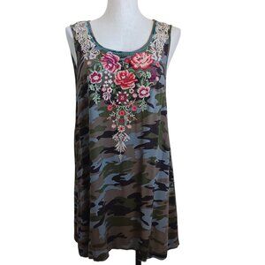 Savanna Jane Dress Womens Medium Embroidered Roses Camo Sleeveless Popover